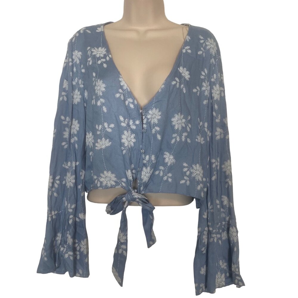 American Rag Womens Blue Floral TieFront Bell Sleeve Blouse XXL Boho Cottagecore
